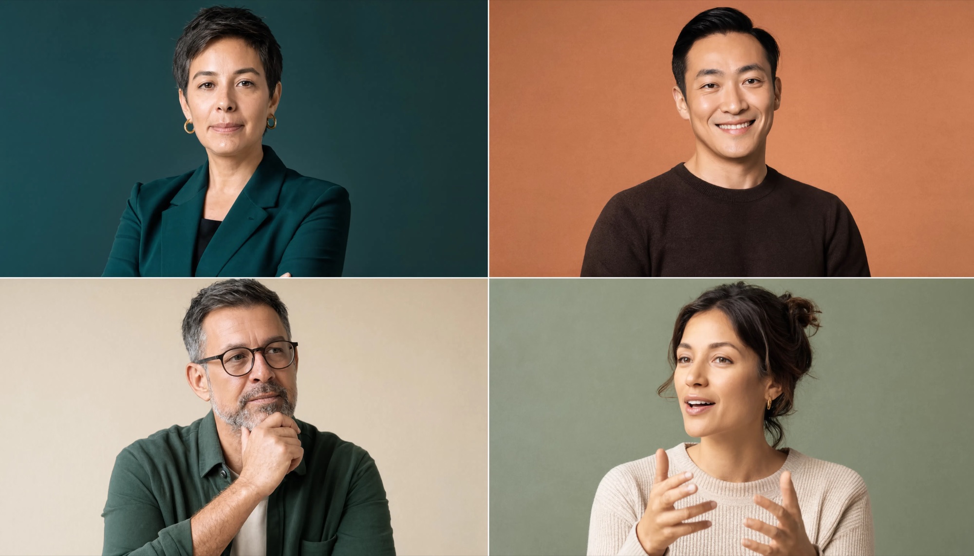 Four portraits on solid palette backdrops
